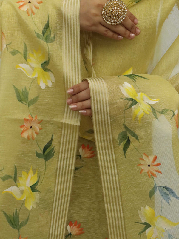 Banarasee Tissue Hand-Painted Salwar Kameez Fabric With Dupatta Set-Yellow