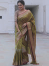 Banarasee Handwoven Semi Silk Saree With Zari Buti Design-Olive Green (Dual Tone)