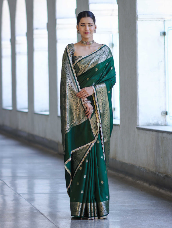 Banarasee Handloom Semi Silk Saree With Zari Buti Design & Lace Border-Green