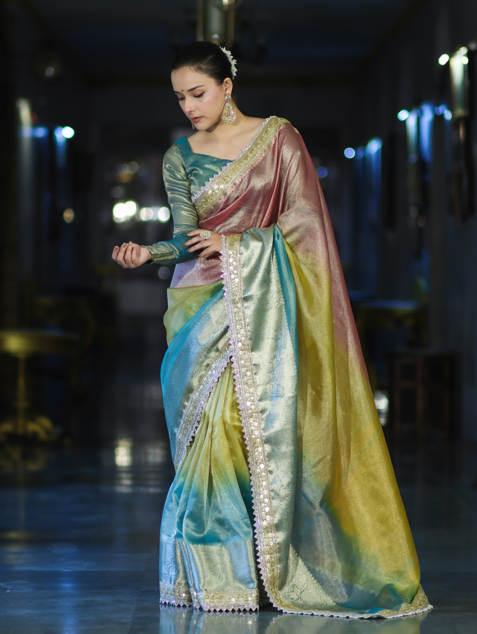 Banarasee Plain Tissue Hand Embroidered Lace Saree-Multicolor