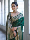 Banarasee Handloom Semi Silk Saree With Zari Buti Design & Lace Border-Green