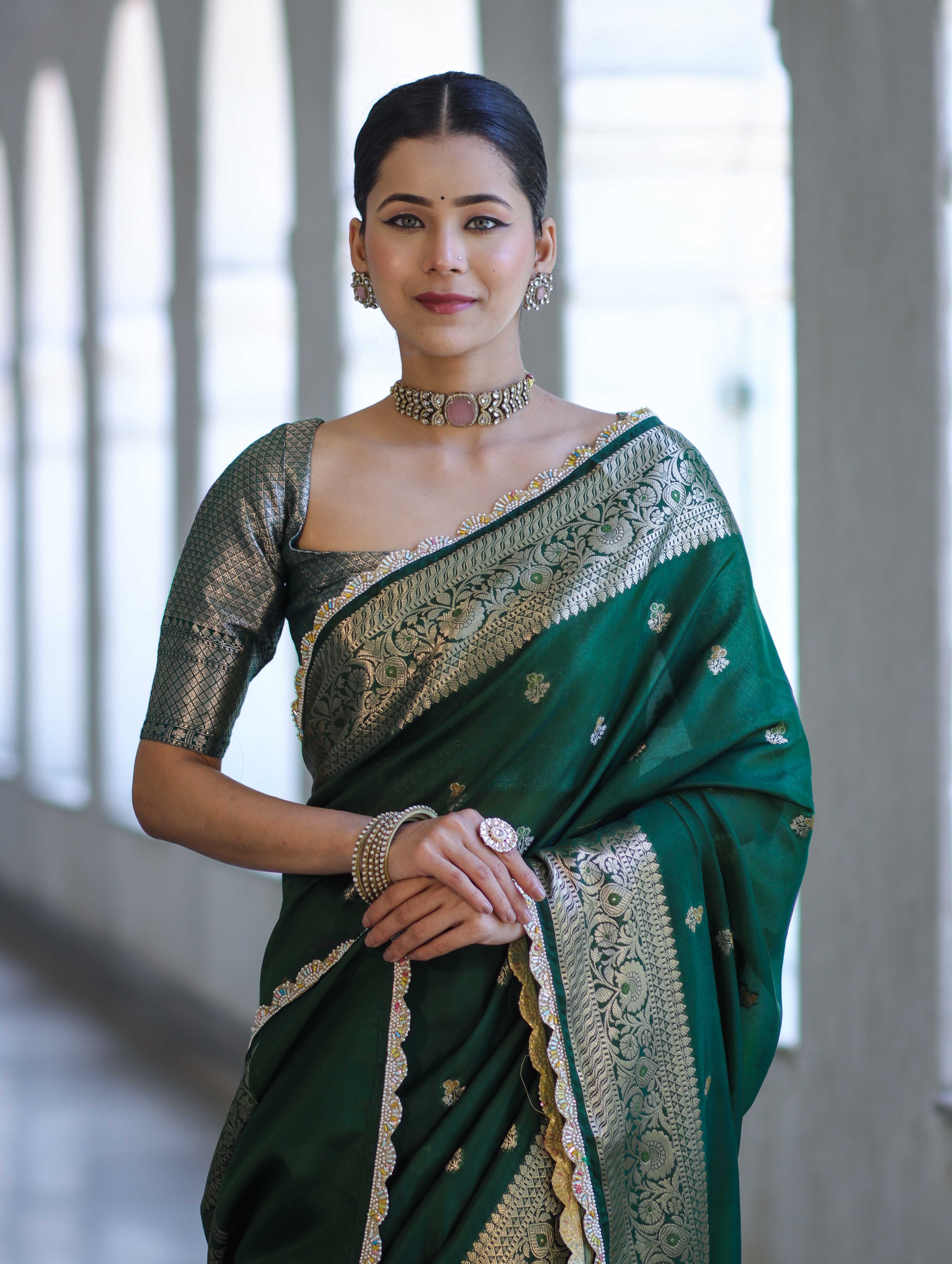 Banarasee Handloom Semi Silk Saree With Zari Buti Design & Lace Border-Green