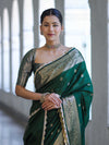 Banarasee Handloom Semi Silk Saree With Zari Buti Design & Lace Border-Green