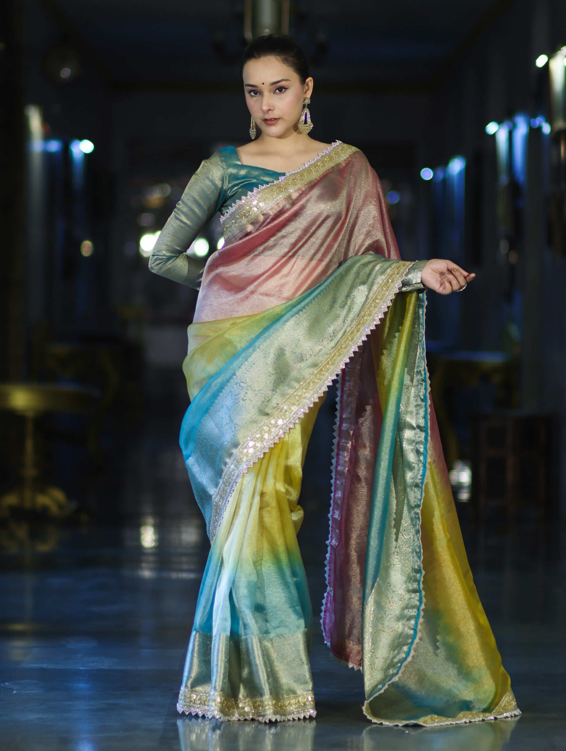 Banarasee Plain Tissue Hand Embroidered Lace Saree-Multicolor