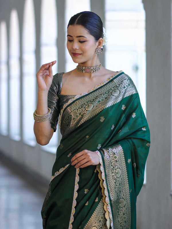 Banarasee Handloom Semi Silk Saree With Zari Buti Design & Lace Border-Green