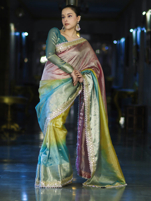 Banarasee Plain Tissue Hand Embroidered Lace Saree-Multicolor