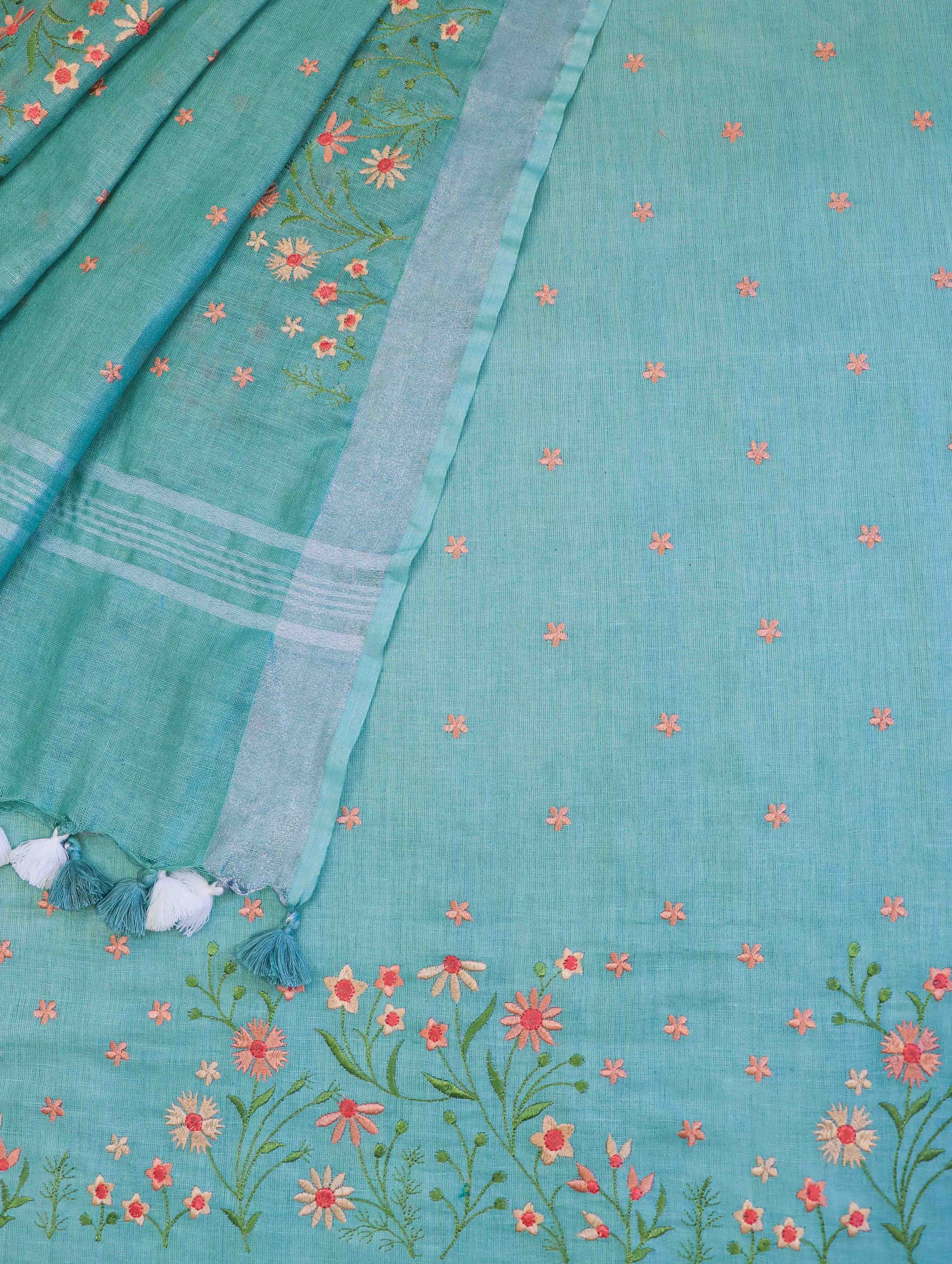 Bhagalpuri Pure Linen Salwar Kameez & Dupatta With Thread-Embroidered Floral Work-Mint Green