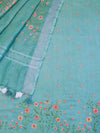Bhagalpuri Pure Linen Salwar Kameez & Dupatta With Thread-Embroidered Floral Work-Mint Green