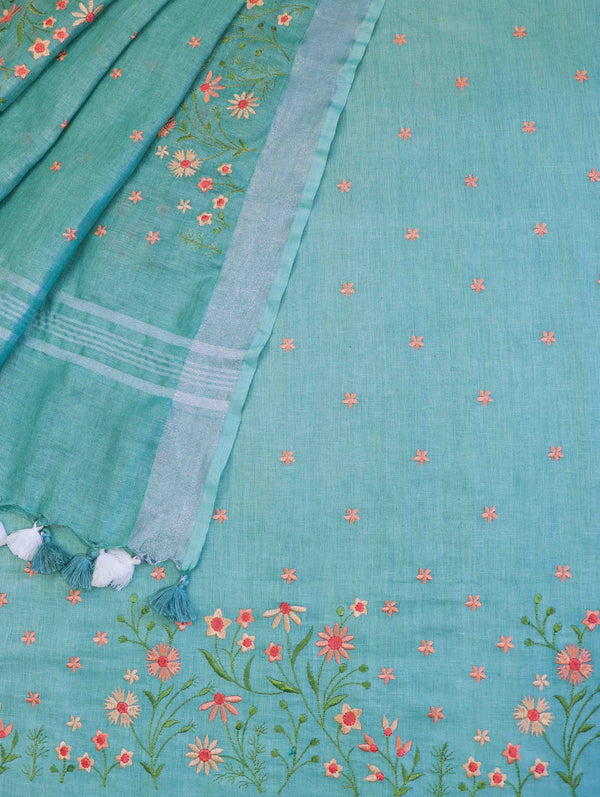 Bhagalpuri Pure Linen Salwar Kameez & Dupatta With Thread-Embroidered Floral Work-Mint Green