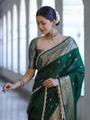 Banarasee Handloom Semi Silk Saree With Zari Buti Design & Lace Border-Green