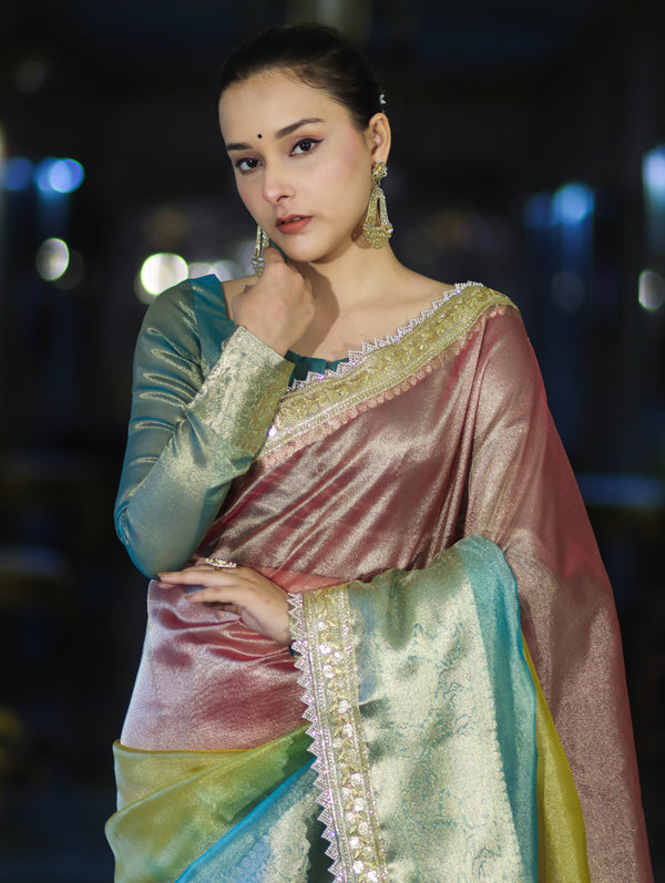 Banarasee Plain Tissue Hand Embroidered Lace Saree-Multicolor