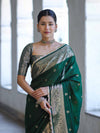 Banarasee Handloom Semi Silk Saree With Zari Buti Design & Lace Border-Green