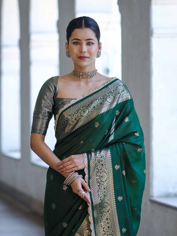 Banarasee Handloom Semi Silk Saree With Zari Buti Design & Lace Border-Green