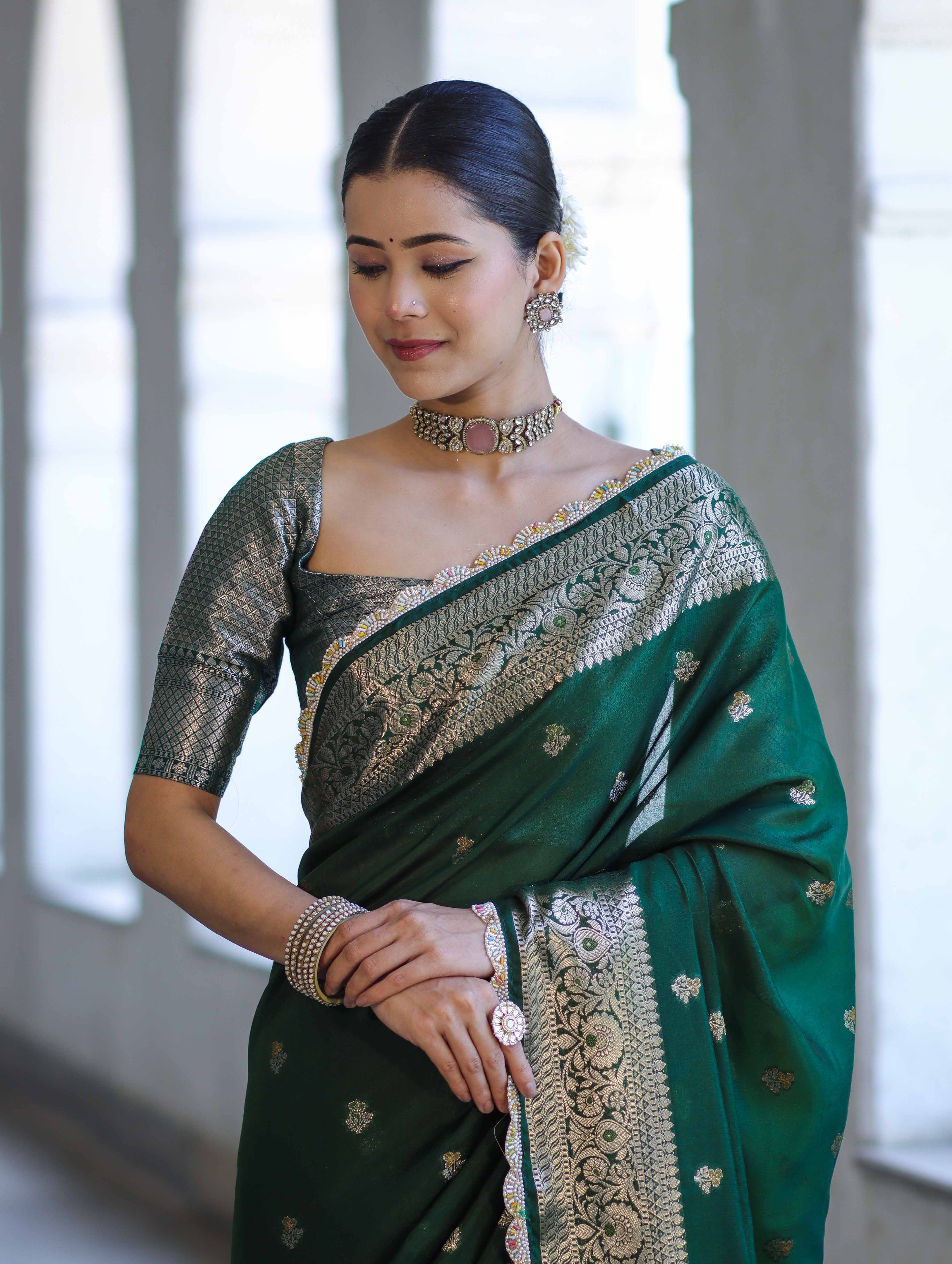 Banarasee Handloom Semi Silk Saree With Zari Buti Design & Lace Border-Green