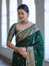 Banarasee Handloom Semi Silk Saree With Zari Buti Design & Lace Border-Green