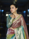 Banarasee Plain Tissue Hand Embroidered Lace Saree-Multicolor