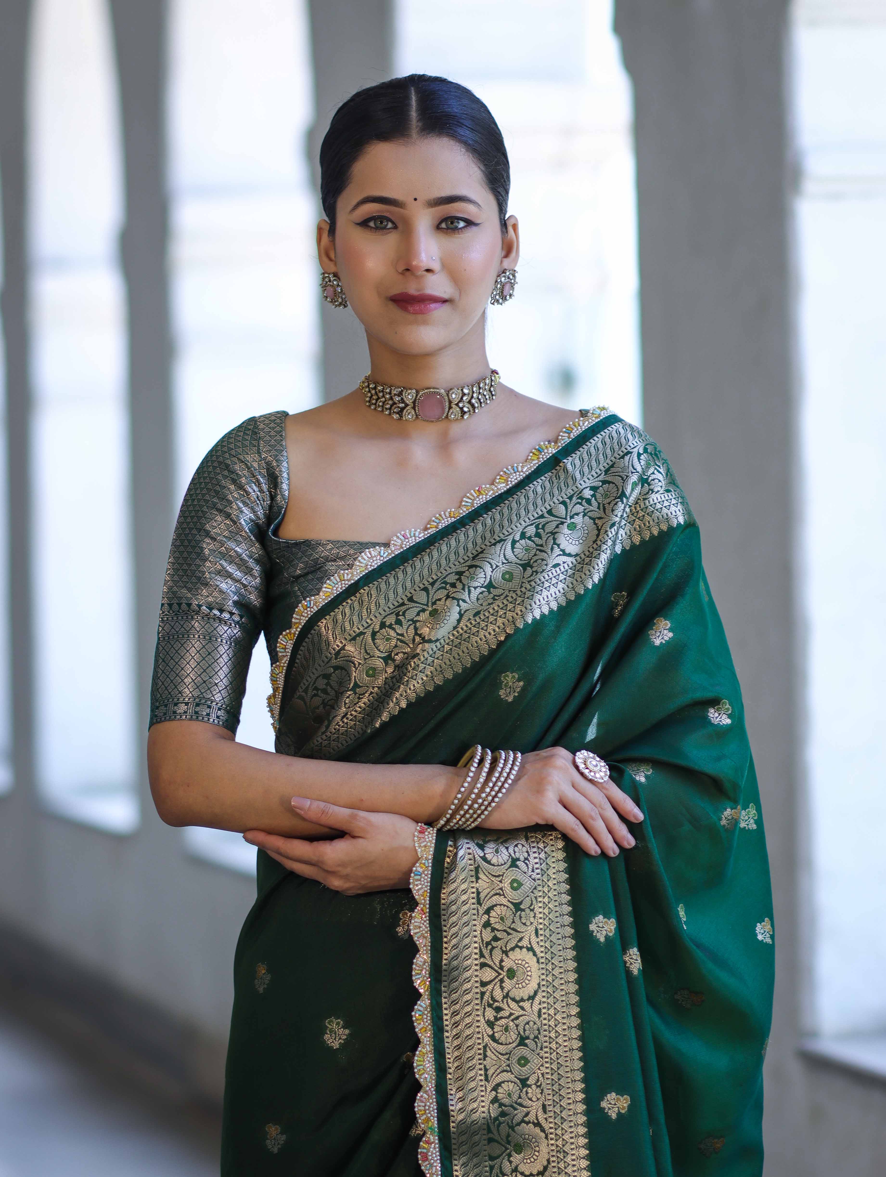 Banarasee Handloom Semi Silk Saree With Zari Buti Design & Lace Border-Green