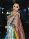Banarasee Plain Tissue Hand Embroidered Lace Saree-Multicolor