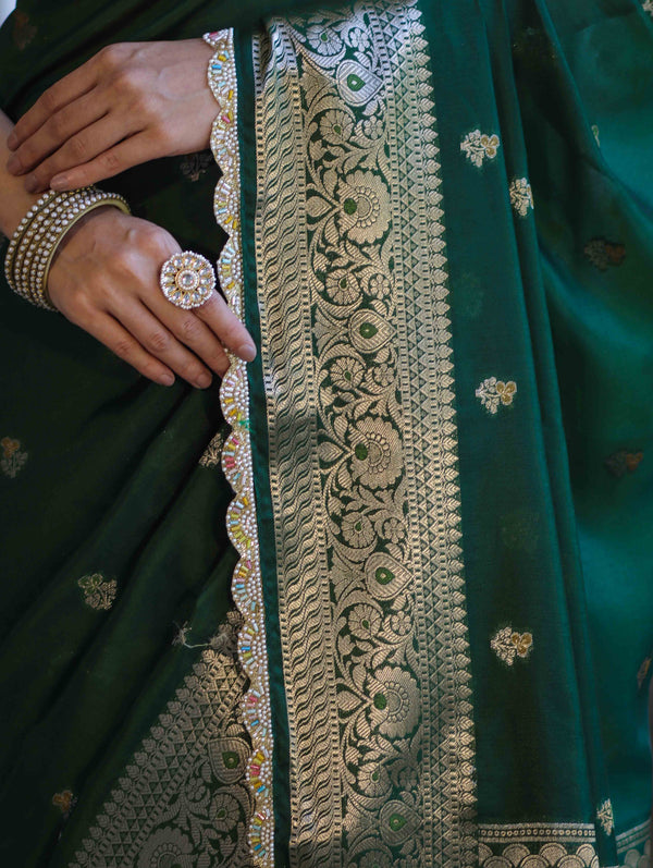 Banarasee Handloom Semi Silk Saree With Zari Buti Design & Lace Border-Green
