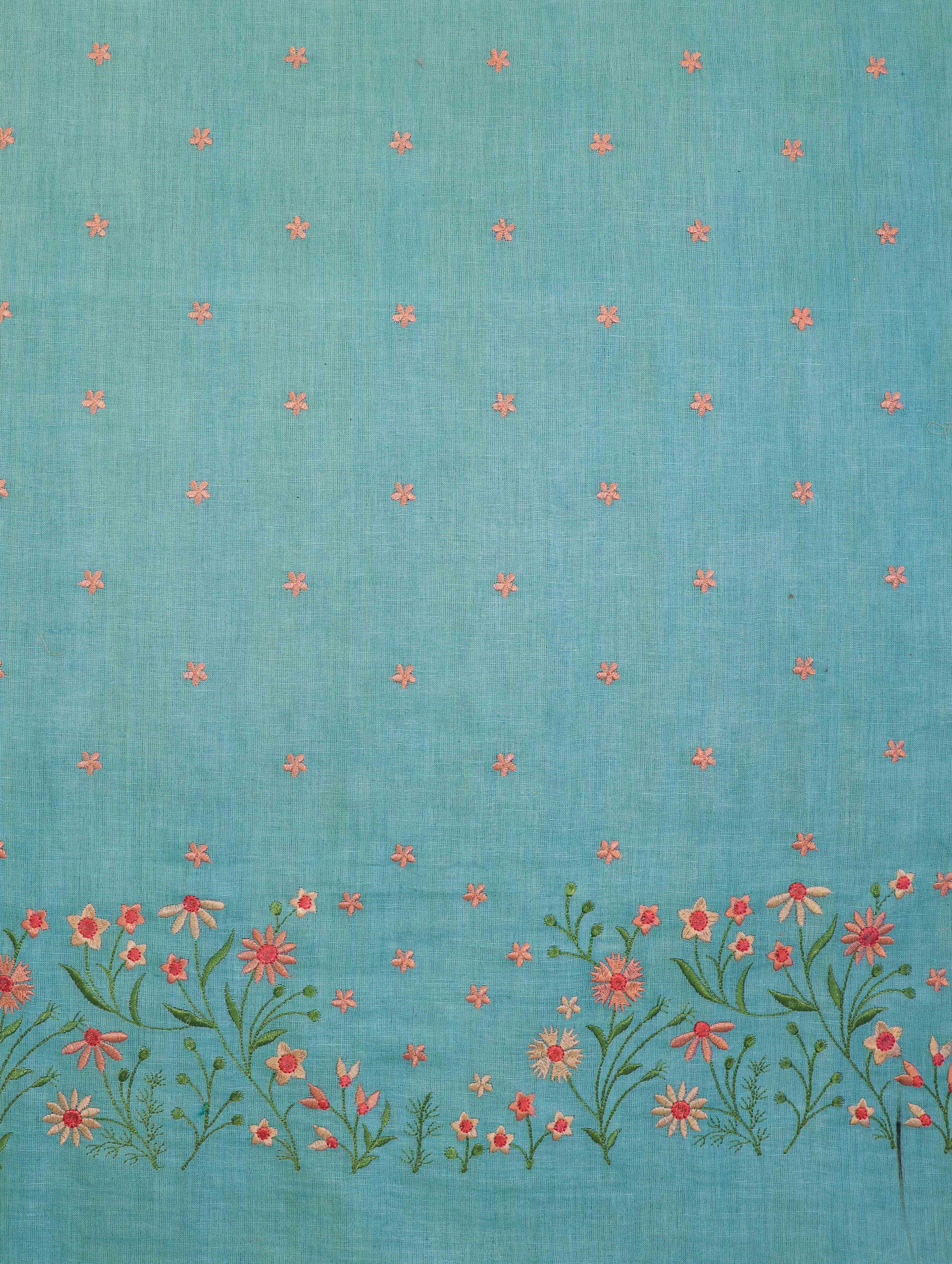 Bhagalpuri Pure Linen Salwar Kameez & Dupatta With Thread-Embroidered Floral Work-Mint Green