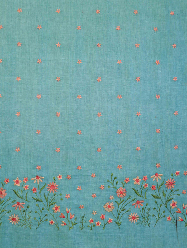 Bhagalpuri Pure Linen Salwar Kameez & Dupatta With Thread-Embroidered Floral Work-Mint Green