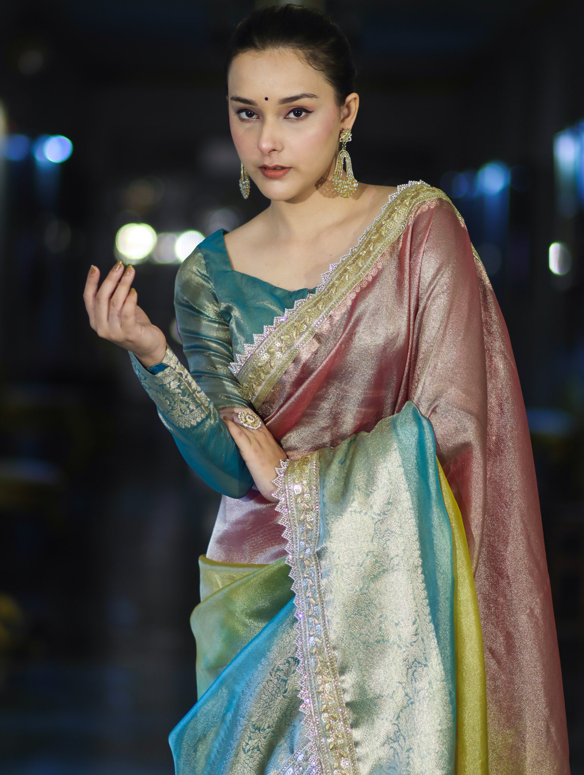 Banarasee Plain Tissue Hand Embroidered Lace Saree-Multicolor