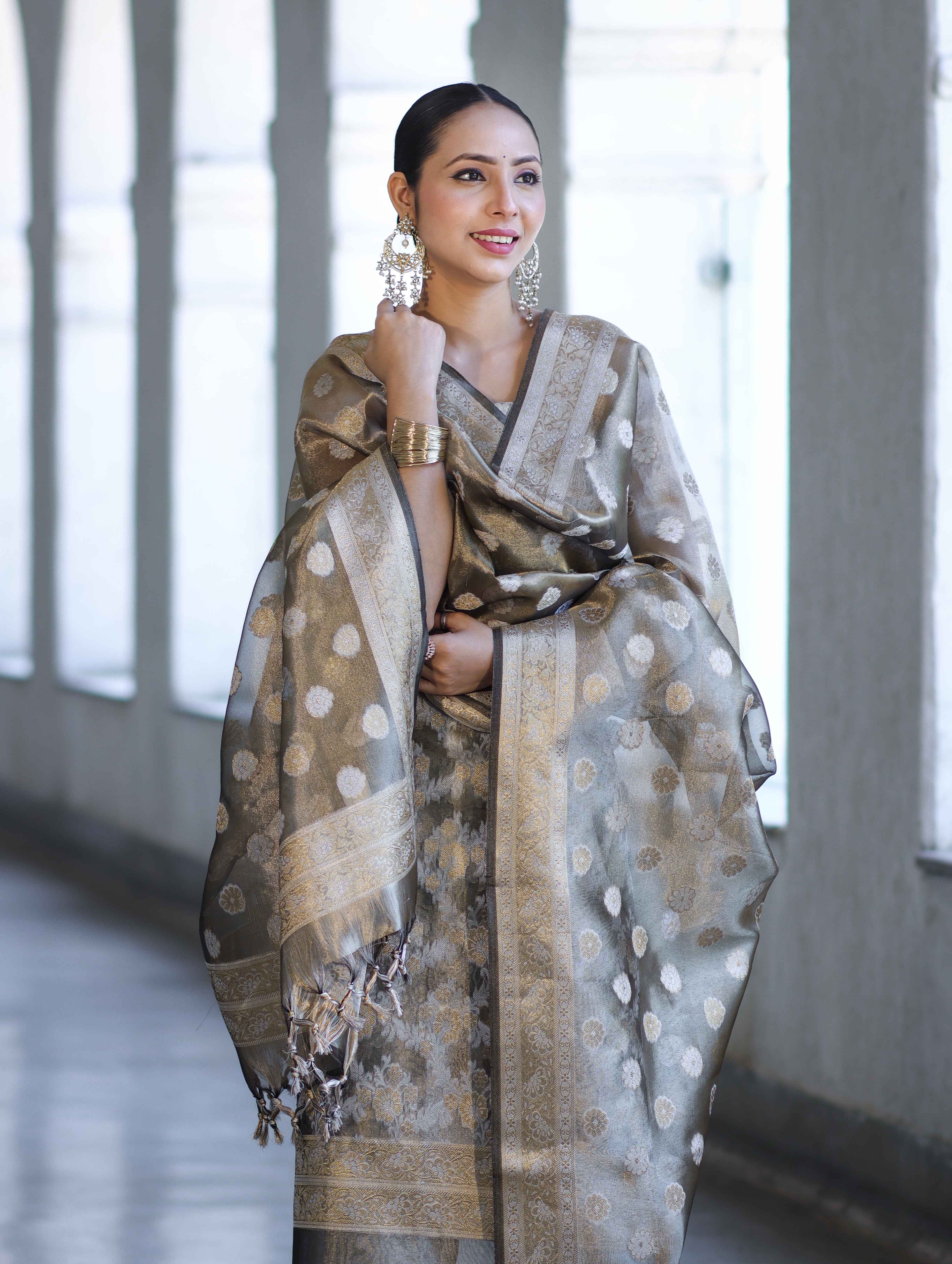 Banarasee Tissue Zari Work Salwar Kameez Fabric With Dupatta Set-Light Brown