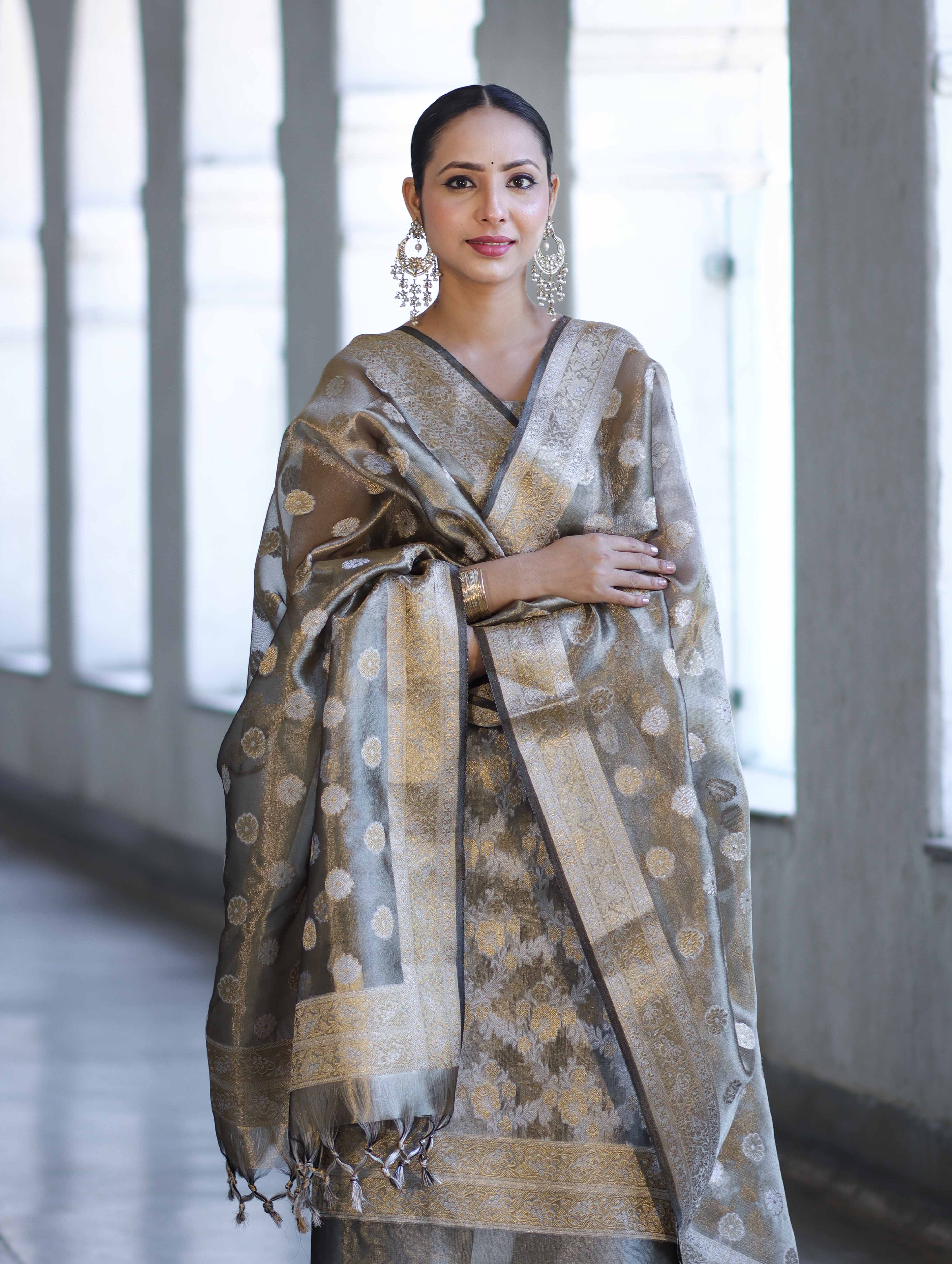 Banarasee Tissue Zari Work Salwar Kameez Fabric With Dupatta Set-Light Brown