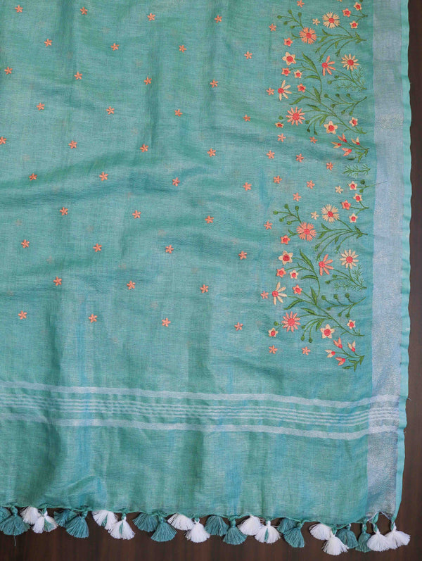 Bhagalpuri Pure Linen Salwar Kameez & Dupatta With Thread-Embroidered Floral Work-Mint Green