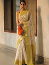 Banarasee Handloom Pure Chiniya Silk Saree With Zari Work & Contrast Border-White & Yellow