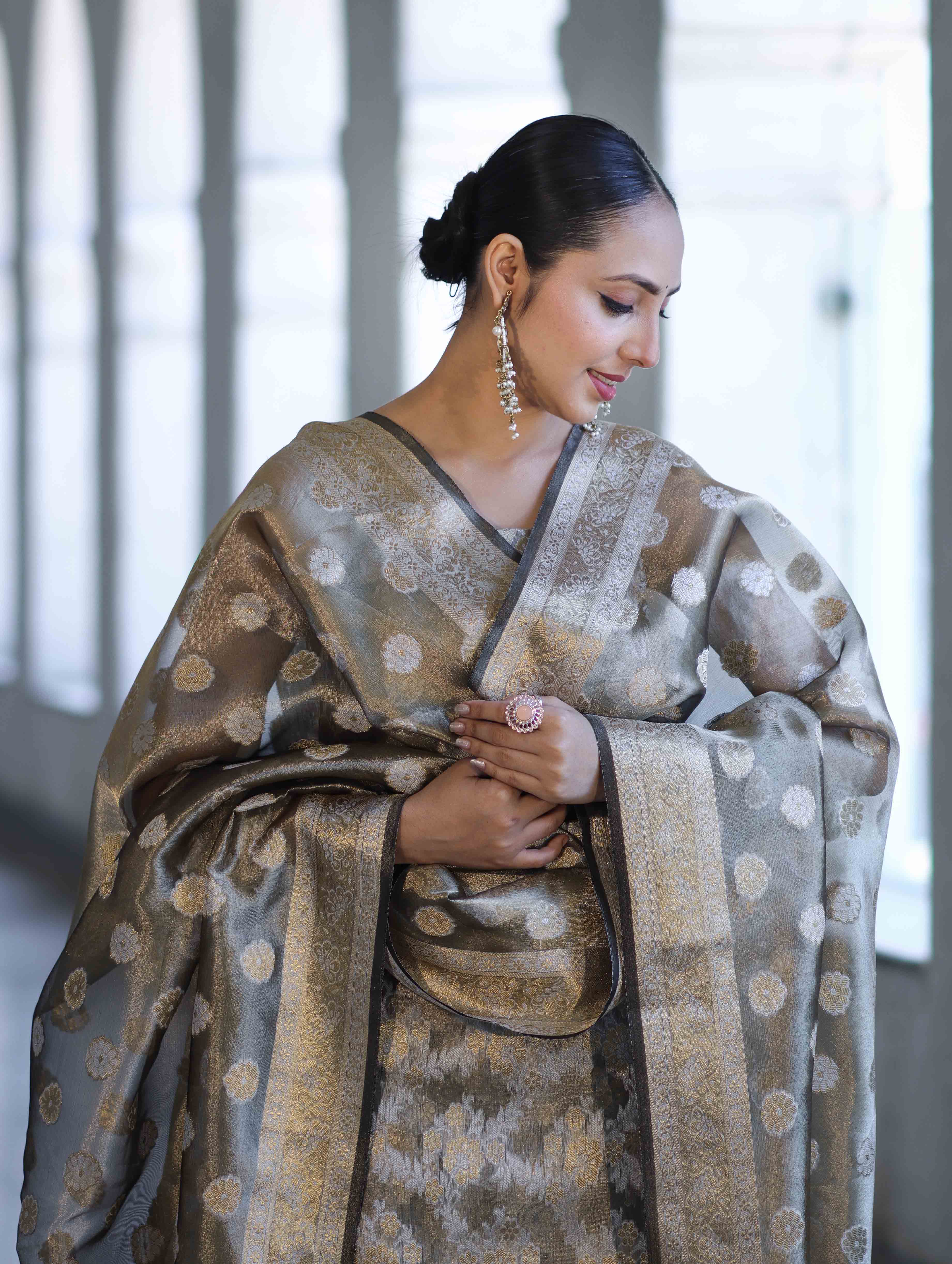 Banarasee Tissue Zari Work Salwar Kameez Fabric With Dupatta Set-Light Brown