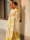 Banarasee Handloom Pure Chiniya Silk Saree With Zari Work & Contrast Border-White & Yellow