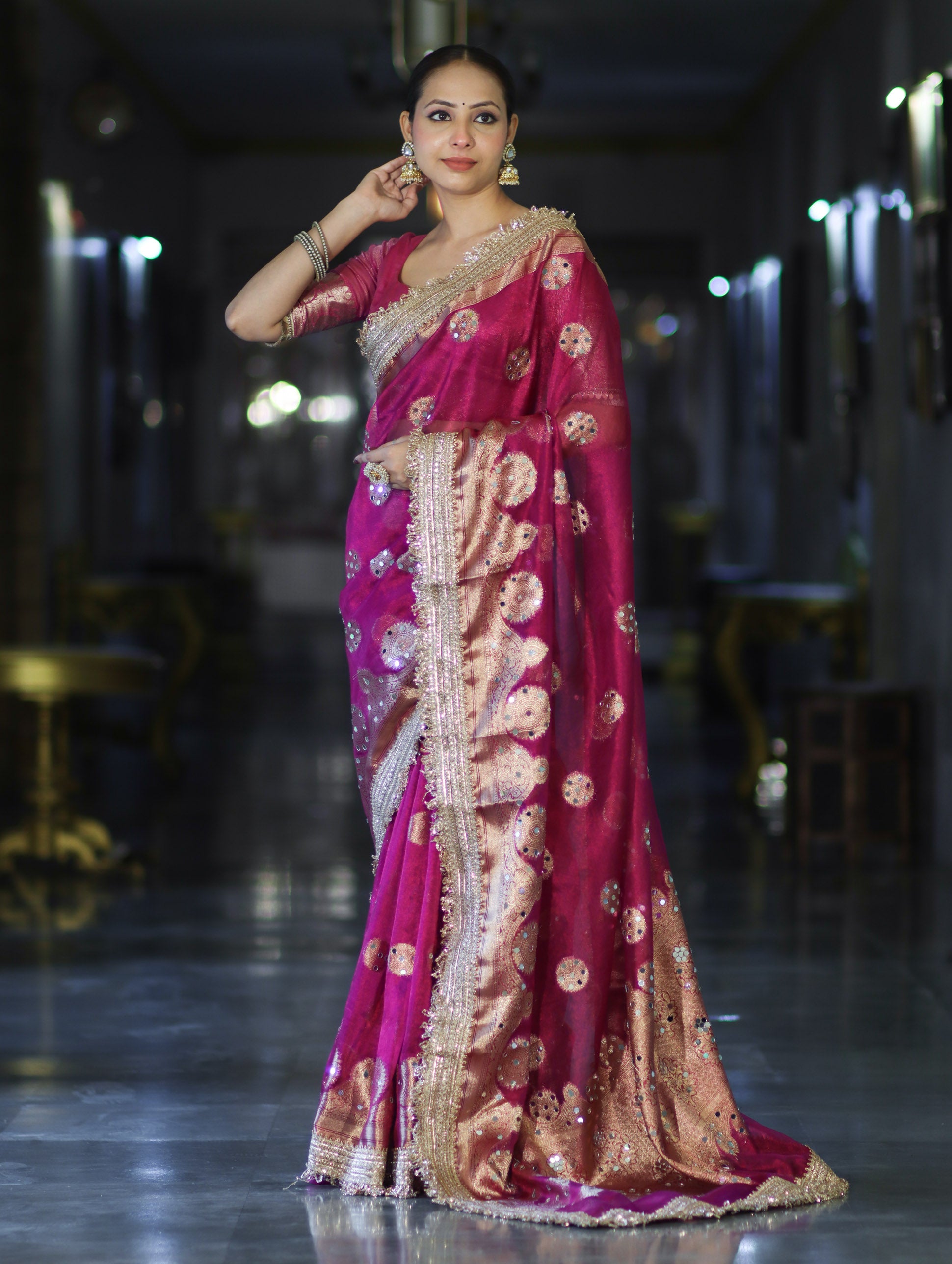 Banarasee Tissue Saree With Hand Embroidered Mirror Work & Zari Woven Design-Magenta