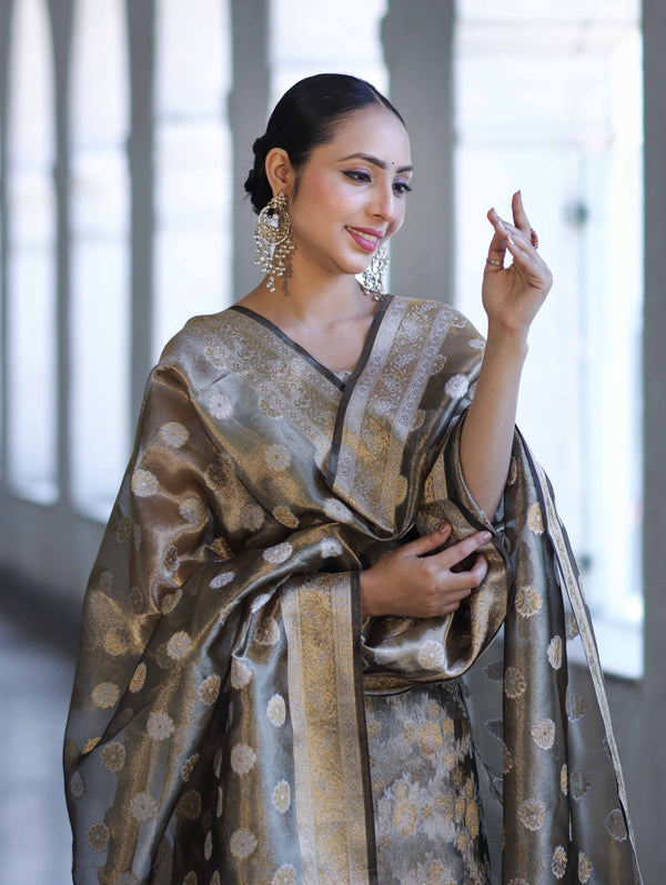 Banarasee Tissue Zari Work Salwar Kameez Fabric With Dupatta Set-Light Brown