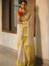 Banarasee Handloom Pure Chiniya Silk Saree With Zari Work & Contrast Border-White & Yellow