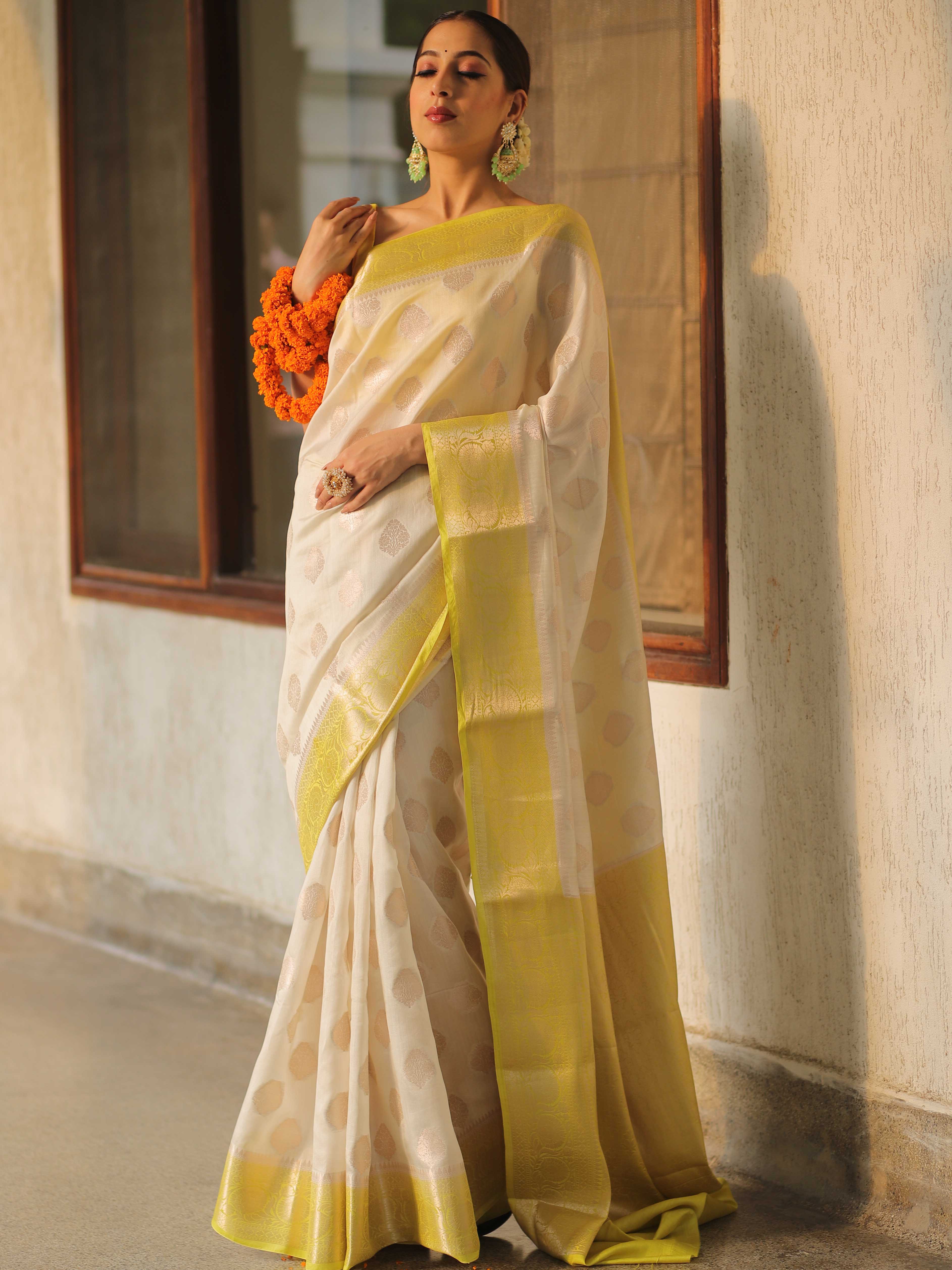 Banarasee Handloom Pure Chiniya Silk Saree With Zari Work & Contrast Border-White & Yellow