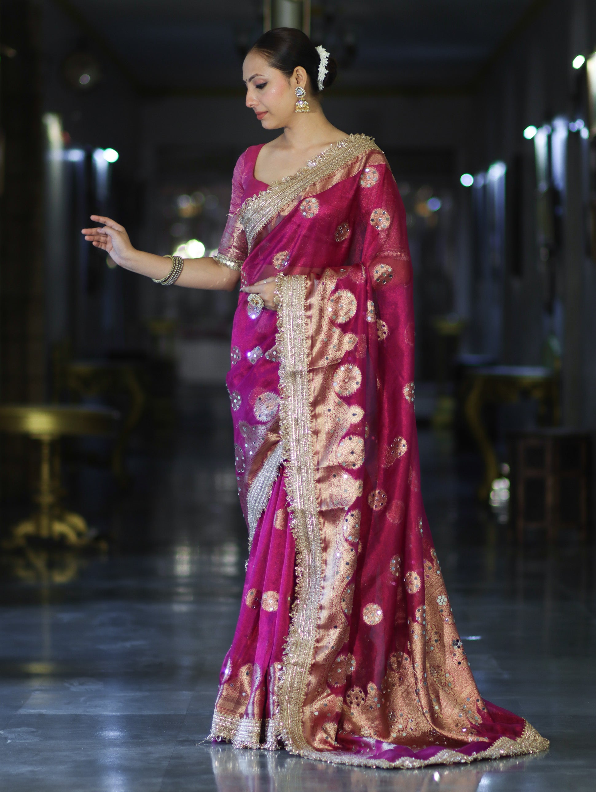 Banarasee Tissue Saree With Hand Embroidered Mirror Work & Zari Woven Design-Magenta