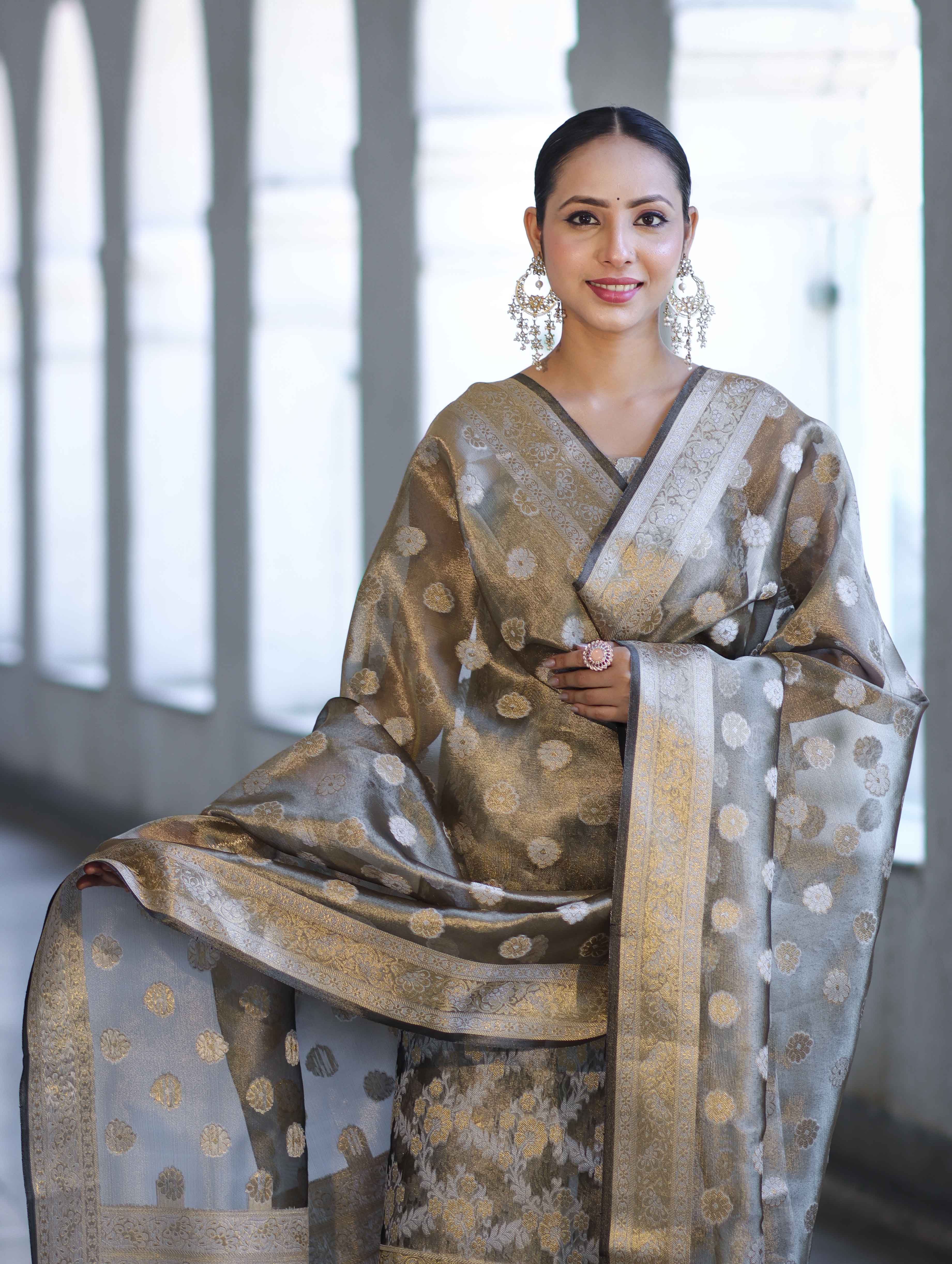 Banarasee Tissue Zari Work Salwar Kameez Fabric With Dupatta Set-Light Brown