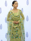 Banarasee Tissue Hand-Painted Salwar Kameez Fabric With Dupatta Set-Light Green