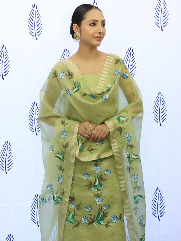 Banarasee Tissue Hand-Painted Salwar Kameez Fabric With Dupatta Set-Light Green