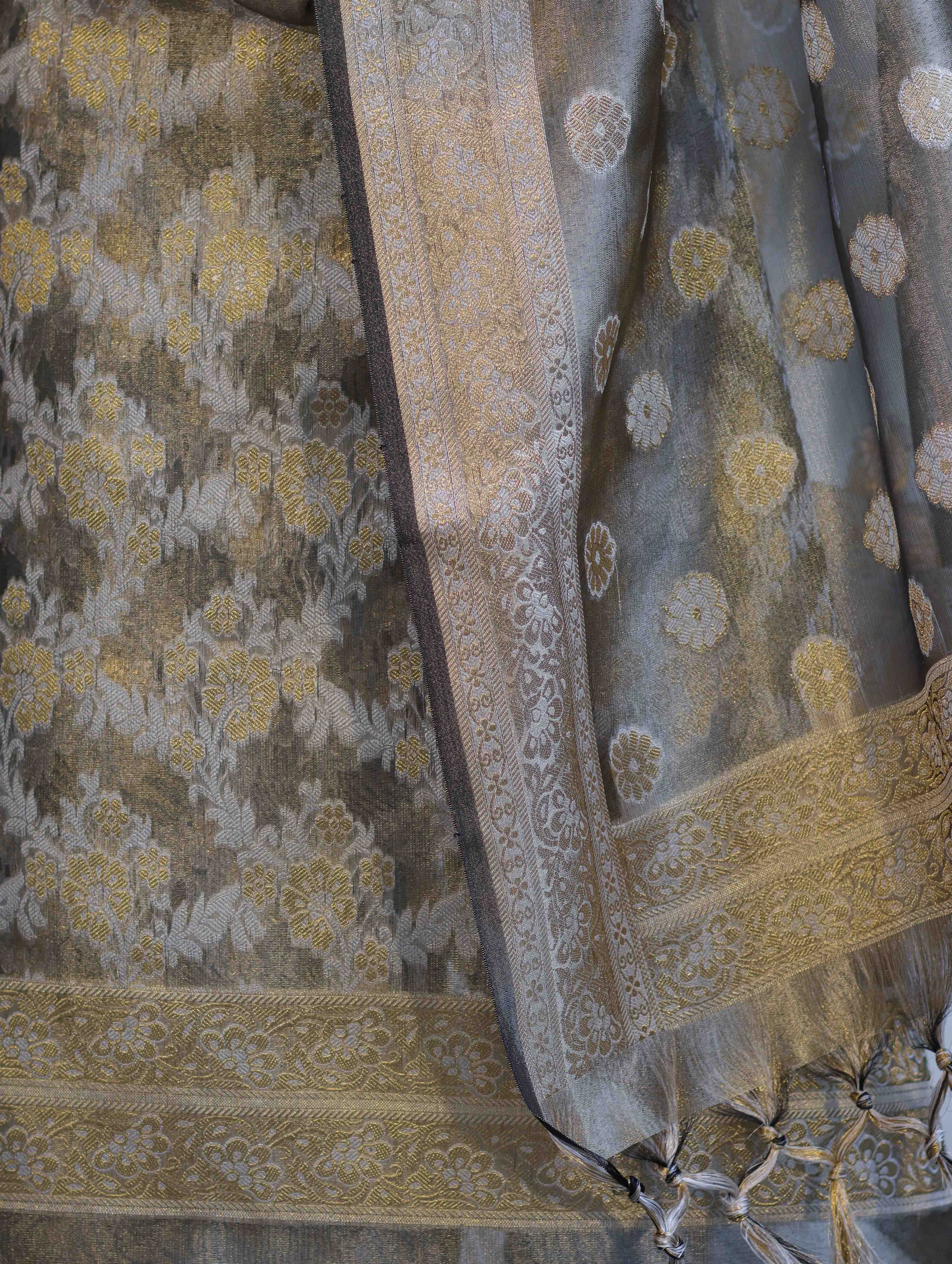 Banarasee Tissue Zari Work Salwar Kameez Fabric With Dupatta Set-Light Brown