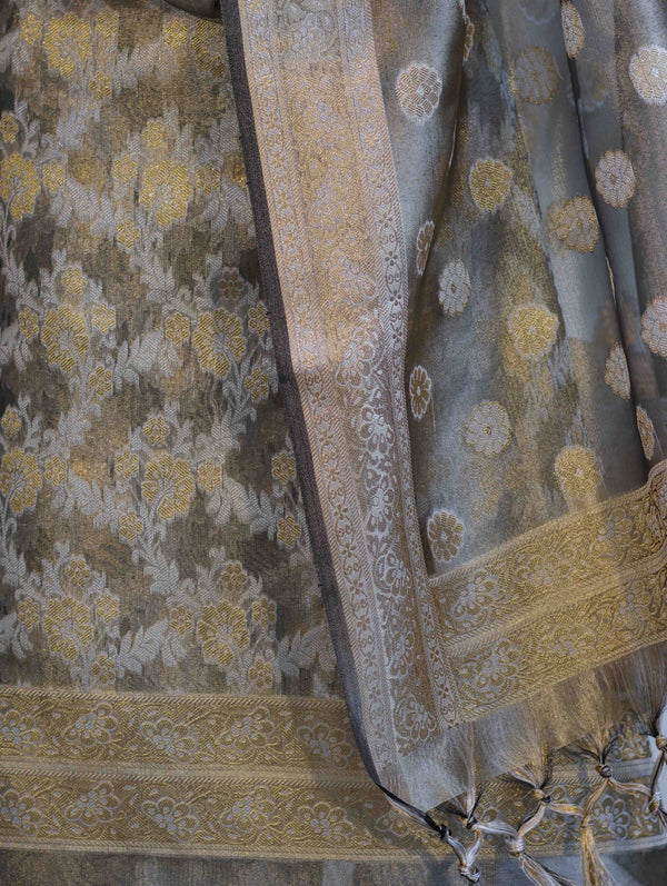 Banarasee Tissue Zari Work Salwar Kameez Fabric With Dupatta Set-Light Brown