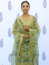 Banarasee Tissue Hand-Painted Salwar Kameez Fabric With Dupatta Set-Light Green