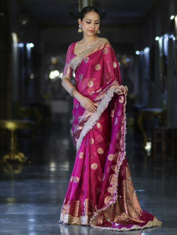 Banarasee Tissue Saree With Hand Embroidered Mirror Work & Zari Woven Design-Magenta