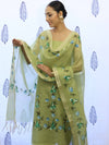 Banarasee Tissue Hand-Painted Salwar Kameez Fabric With Dupatta Set-Light Green