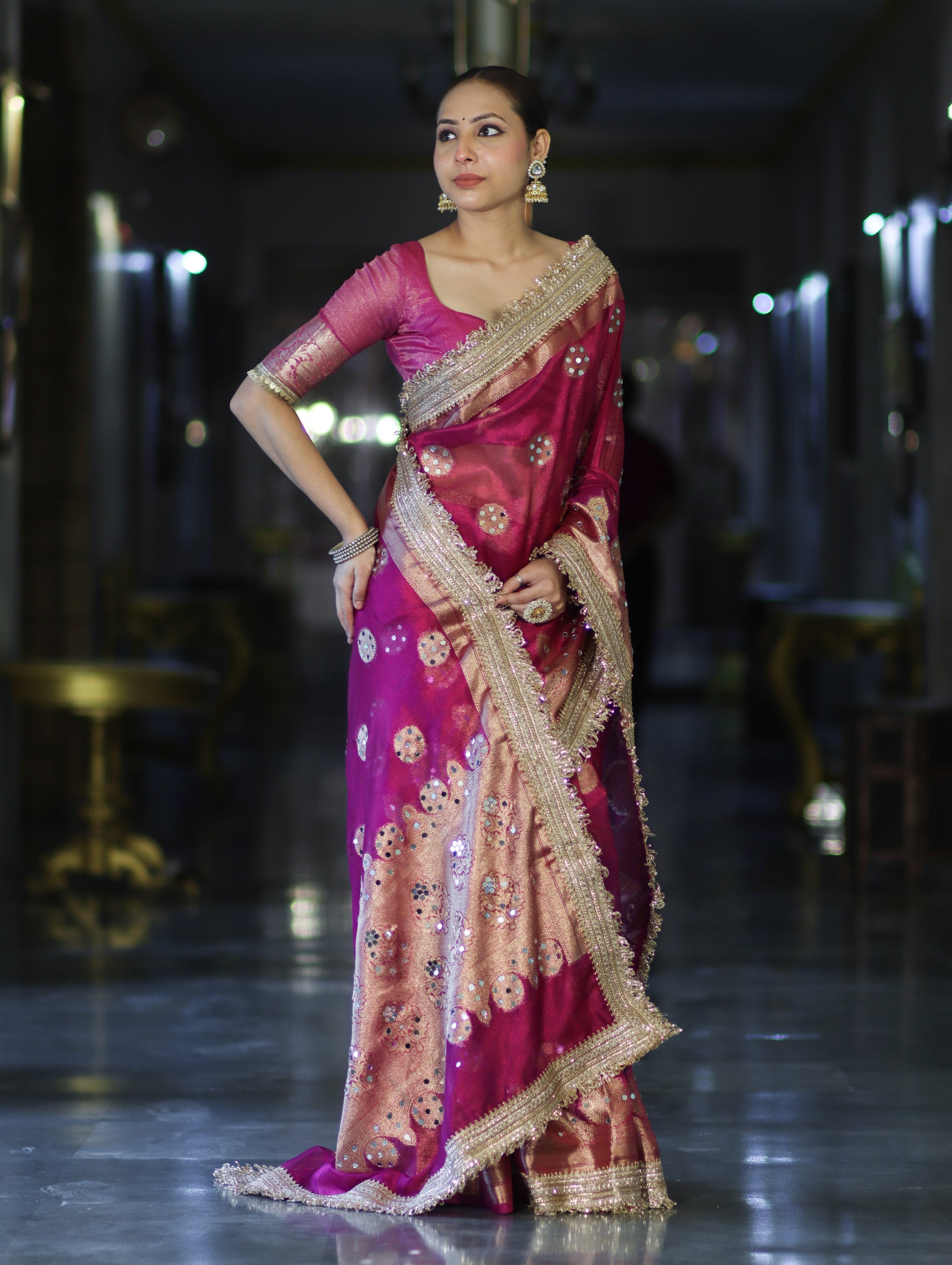 Banarasee Tissue Saree With Hand Embroidered Mirror Work & Zari Woven Design-Magenta
