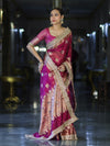 Banarasee Tissue Saree With Hand Embroidered Mirror Work & Zari Woven Design-Magenta