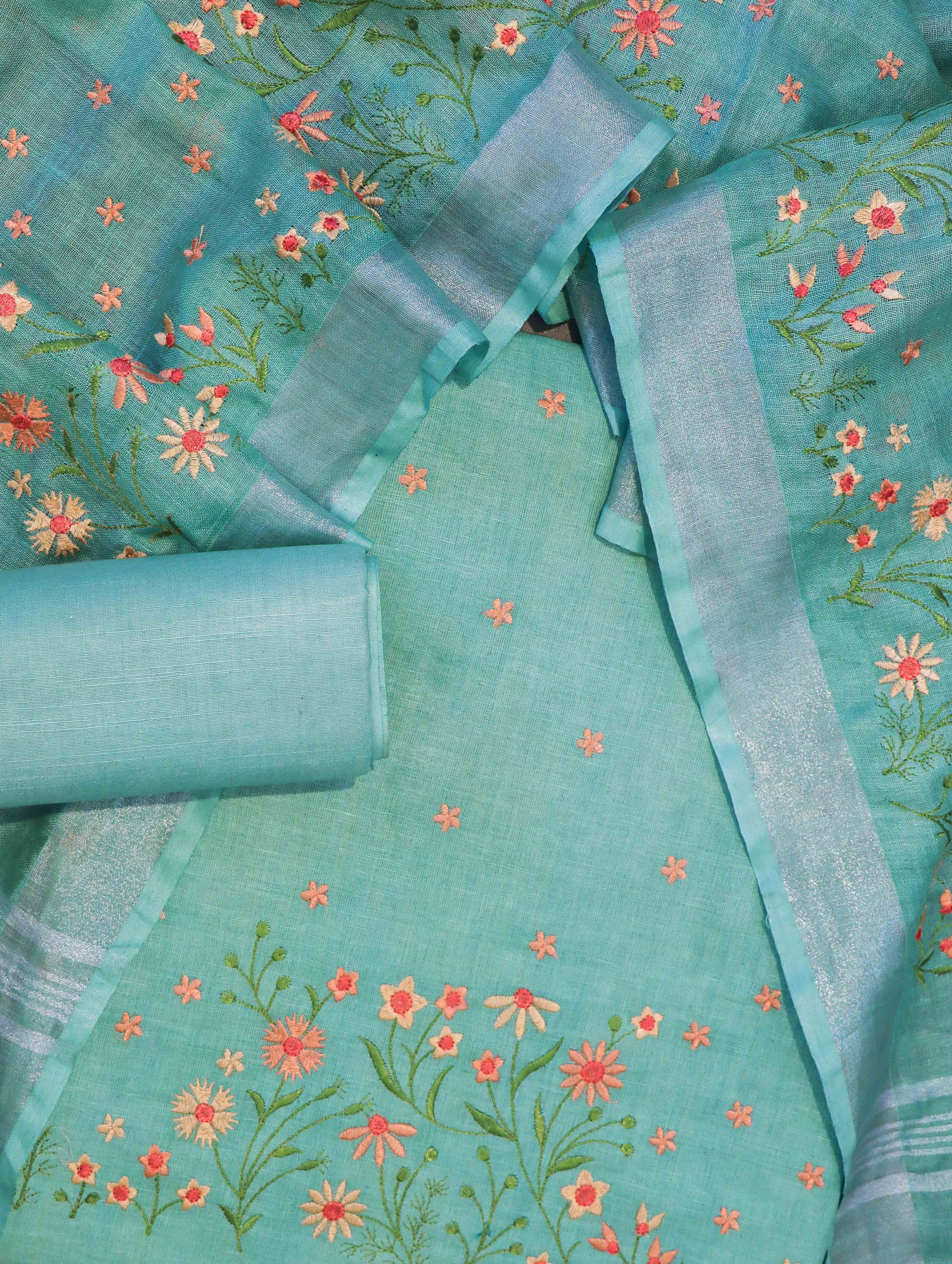 Bhagalpuri Pure Linen Salwar Kameez & Dupatta With Thread-Embroidered Floral Work-Mint Green