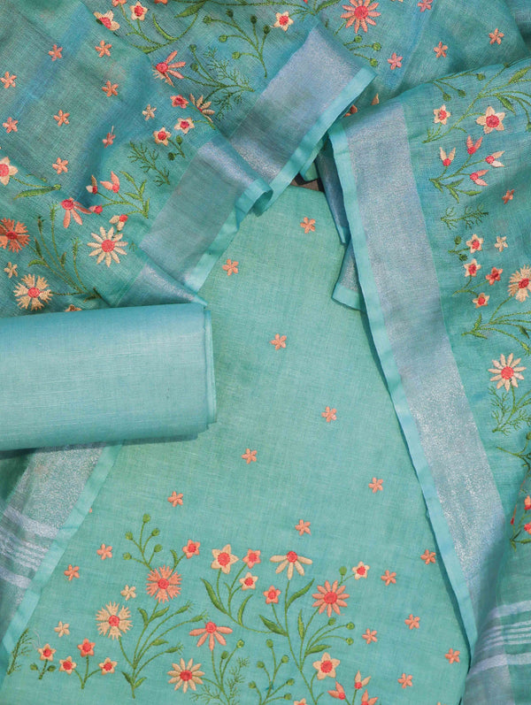 Bhagalpuri Pure Linen Salwar Kameez & Dupatta With Thread-Embroidered Floral Work-Mint Green