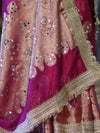 Banarasee Tissue Saree With Hand Embroidered Mirror Work & Zari Woven Design-Magenta